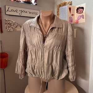 Ruby Rd. Metallic Light Taupe Zip-Front Bomber Jacket